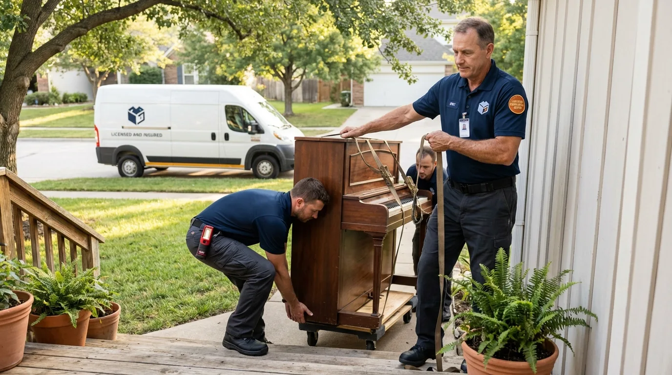 Licensed piano movers securing grand piano in Mechanicsville, MD