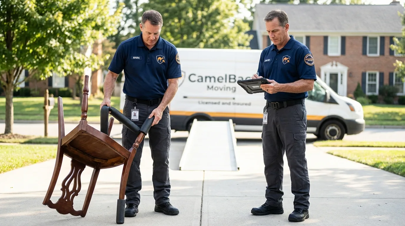 Movers inspecting furniture for damage prevention before loading in Mechanicsville, MD