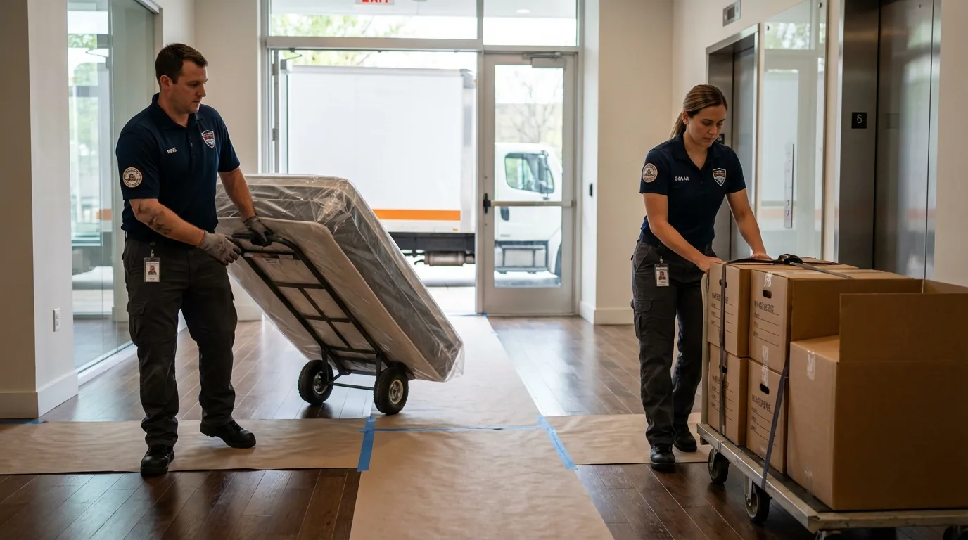 Professional apartment movers loading elevator in Mechanicsville, MD