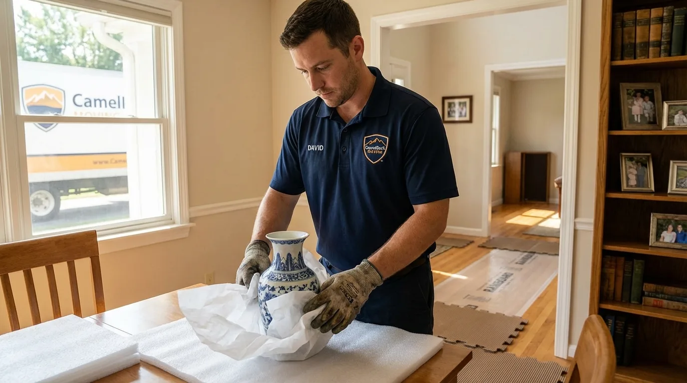 Professional crew carefully wrapping antique vase for senior downsizing move in Mechanicsville, MD